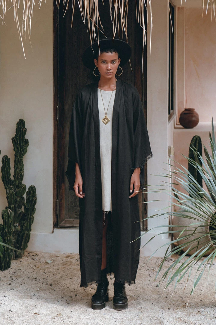 Jimmy Boho Cover Up • Wide Sleeve Bohemian Cardigan • Black Linen Kimono Robe