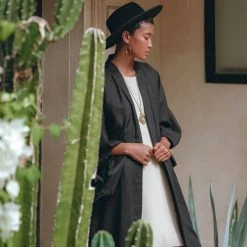 Jimmy Boho Cover Up • Wide Sleeve Bohemian Cardigan • Black Linen Kimono Robe