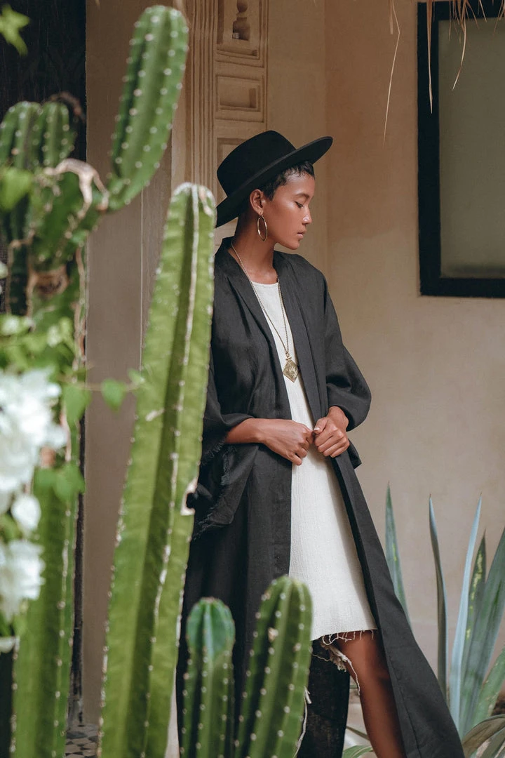 Jimmy Boho Cover Up • Wide Sleeve Bohemian Cardigan • Black Linen Kimono Robe