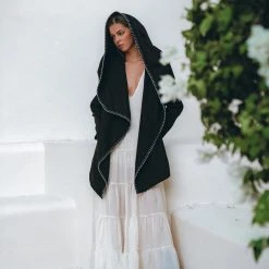 Jimmy Warm Boho Hoody Cardigan For Women • Black Boho Overcoat • Belted Wrap Cardigan