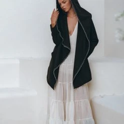 Jimmy Warm Boho Hoody Cardigan For Women • Black Boho Overcoat • Belted Wrap Cardigan