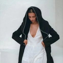 Jimmy Warm Boho Hoody Cardigan For Women • Black Boho Overcoat • Belted Wrap Cardigan