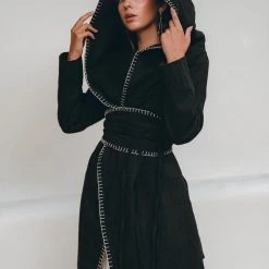 Jimmy Warm Boho Hoody Cardigan For Women • Black Boho Overcoat • Belted Wrap Cardigan