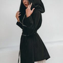 Jimmy Warm Boho Hoody Cardigan For Women • Black Boho Overcoat • Belted Wrap Cardigan