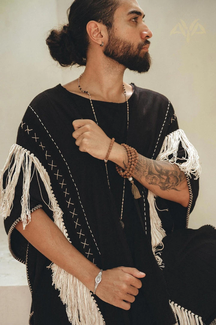 AYA Sacred Wear On Sale Black Handwoven Cotton Boho Poncho