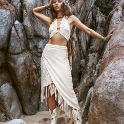 Agus Organic Off-White Boho Top • Tank Crop Top With Handmade Knots