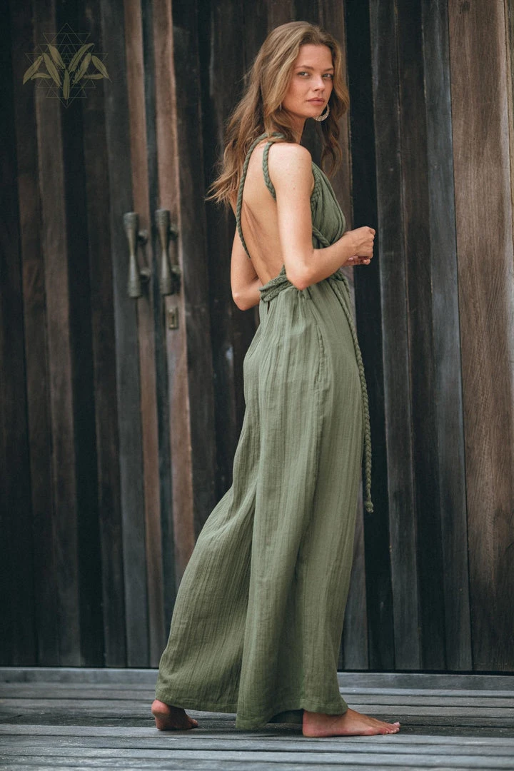Agus Limited Edition Green Braided Belted Jumpsuit • Overalls For Women • Apron Dress