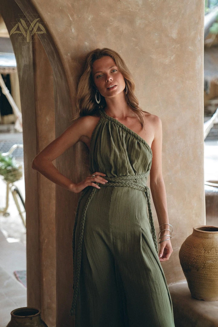 Agus Limited Edition Green Braided Belted Jumpsuit • Overalls For Women • Apron Dress