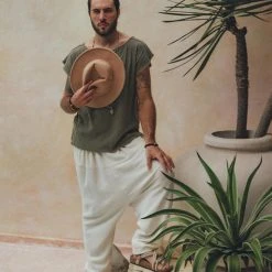 AYA Sacred Wear Dark Green Raw Edge Thick Cotton Top Tee For Men On Sale