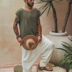 AYA Sacred Wear Dark Green Raw Edge Thick Cotton Top Tee For Men On Sale