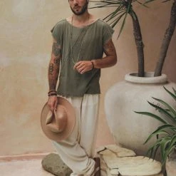 AYA Sacred Wear Dark Green Raw Edge Thick Cotton Top Tee For Men On Sale