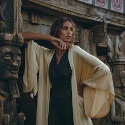 Jimmy Boho Golden Silk Kimono Cover Up • Wide Sleeve Bohemian Cardigan Silk Garments