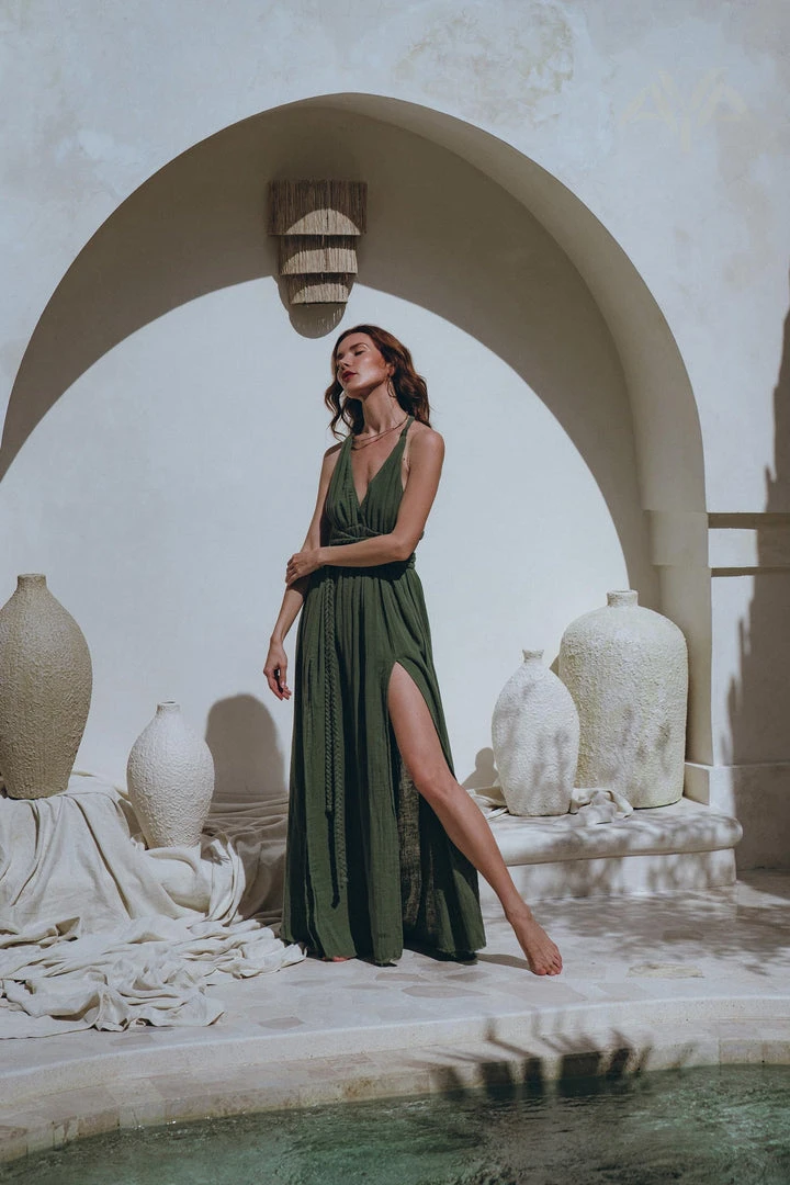 Agus New Collection Greek Goddess Dress • Boho Grecian Dress • Boho Dark Green Prom Dress