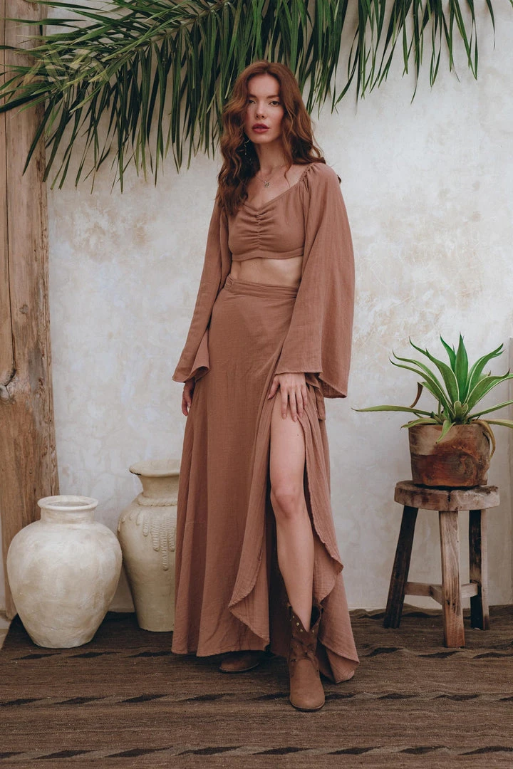 Eddie Open Belly Matching Top And Skirt • Latte Tank Top And Maxi Skirt New Collection