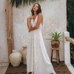 Jimmy Limited Edition Off-White Boho Open Back Simple Wedding Dress With Hand Loomed Tassels