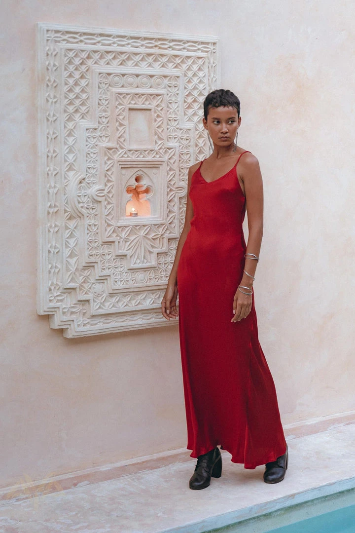 Jimmy Silk Garments Wine Red Silk Slip Dress • Peace Silk Dress • Evening Bohemian Dress