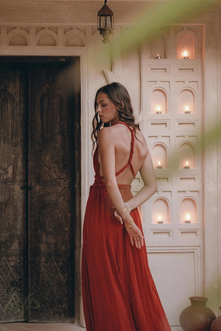 Agus New Collection Greek Goddess Dress • Boho Braided Belted Dress • Wine Red Grecian Dress