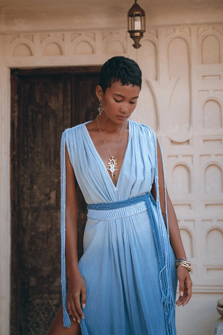 Jimmy Sky Blue Ombre Dyed Dress • Boho Wedding Dress • Handmade Macrame Dress