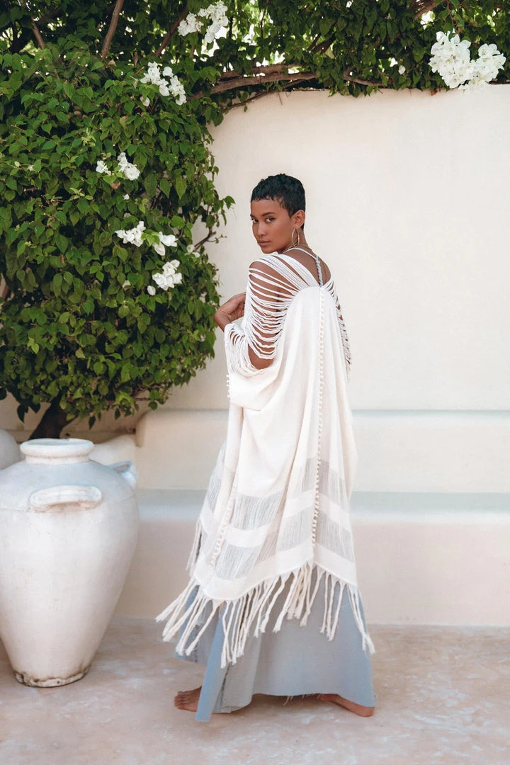 Jimmy Off-White Cotton Poncho Cape • Organic Tribal Kimono Cover Up