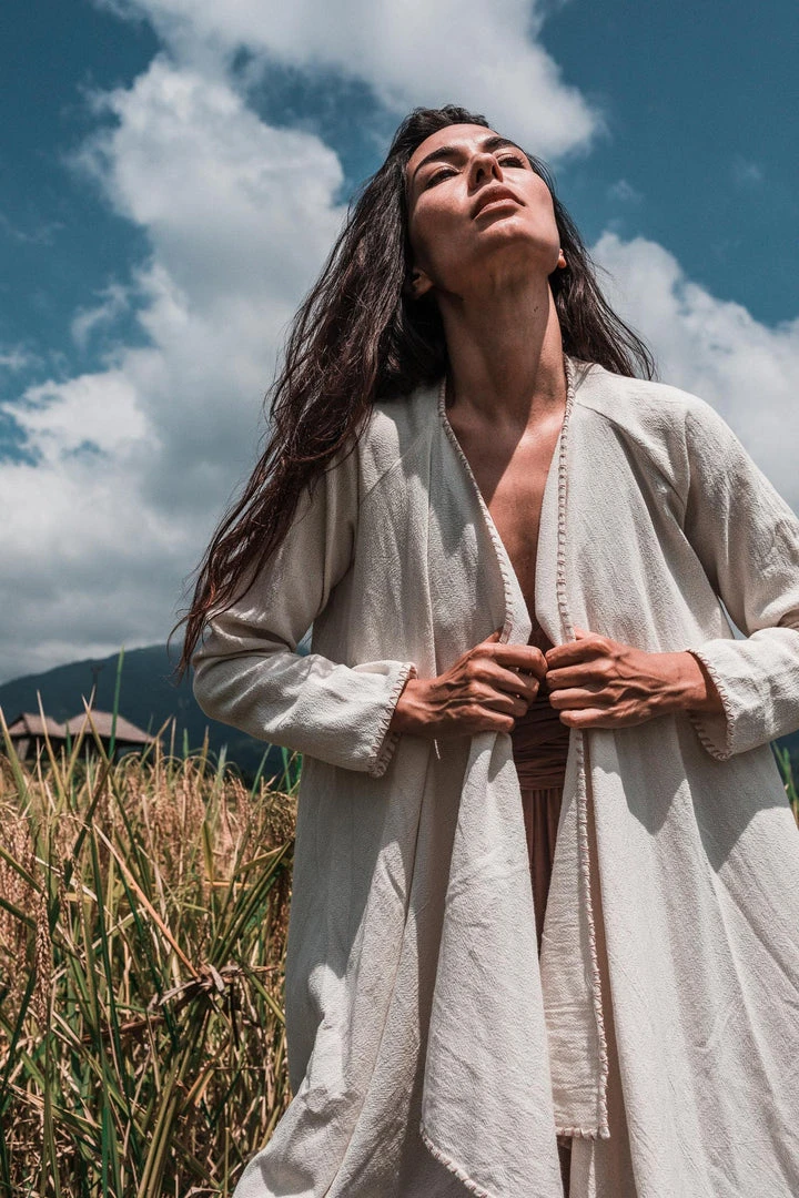 Jimmy Off-White Bohemian Raw Cotton Coat Cape Wrap