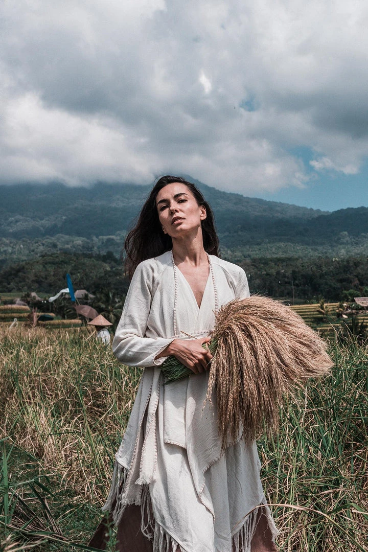 Jimmy Off-White Bohemian Raw Cotton Coat Cape Wrap