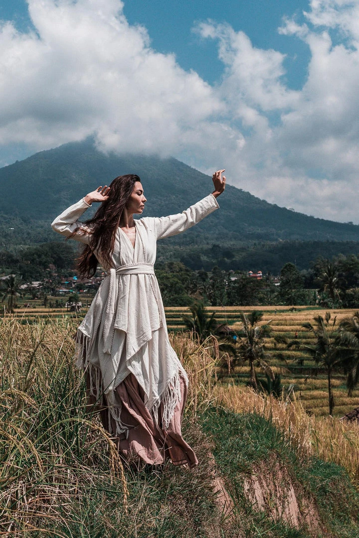 Jimmy Off-White Bohemian Raw Cotton Coat Cape Wrap