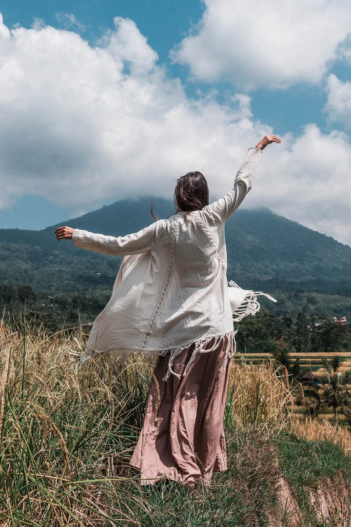 Jimmy Off-White Bohemian Raw Cotton Coat Cape Wrap