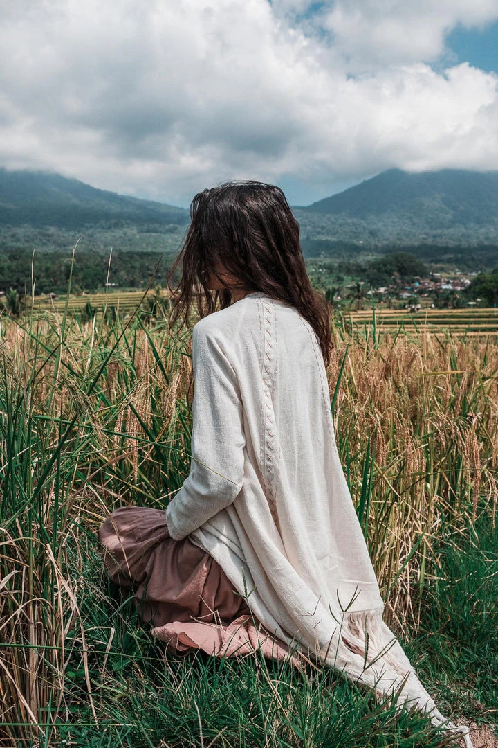 Jimmy Off-White Bohemian Raw Cotton Coat Cape Wrap