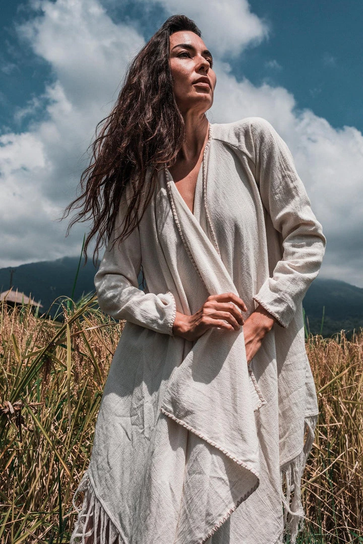Jimmy Off-White Bohemian Raw Cotton Coat Cape Wrap