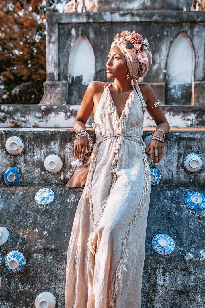 Jimmy Limited Edition Off-White Boho Open Back Simple Wedding Dress With Hand Loomed Tassels