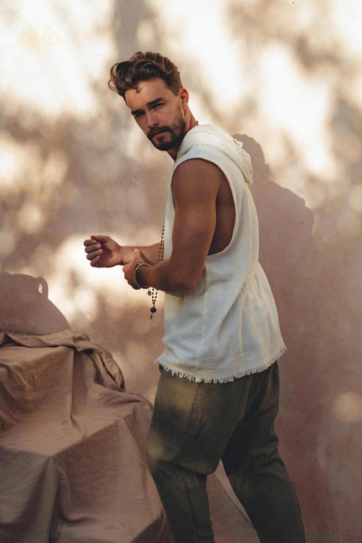 AYA Sacred Wear White Handwoven Cotton Sleeveless Hoody For Men 7 AYA Sacred Wear White Handwoven Cotton Sleeveless Hoody For Men