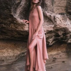 Stop List Organic Cotton Dresses Dusty Pink Organic Cotton Dress With Brass Buttons