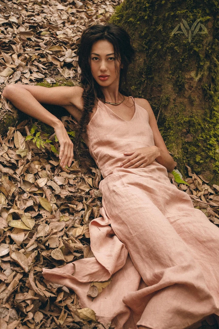 Eddie Linen Boho Bridesmaid Dress • Pink Linen Bohemian Slip Dress