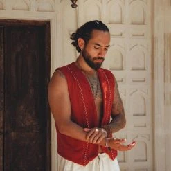 AYA Sacred Wear Red Hand Embroidered Vest For Men Organic Men's Clothing