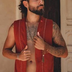 AYA Sacred Wear Red Hand Embroidered Vest For Men Organic Men's Clothing