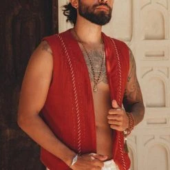 AYA Sacred Wear Red Hand Embroidered Vest For Men Organic Men's Clothing