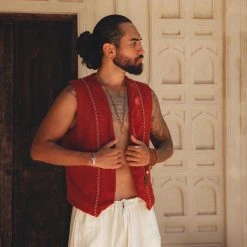 AYA Sacred Wear Red Hand Embroidered Vest For Men Organic Men's Clothing