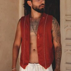 AYA Sacred Wear Red Hand Embroidered Vest For Men Organic Men's Clothing