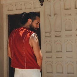 AYA Sacred Wear Red Hand Embroidered Vest For Men Organic Men's Clothing