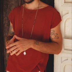 AYA Sacred Wear Red Raw Edge Thick Cotton Top Tee For Men On Sale