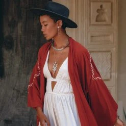 Jimmy New Collection Red Organic Poncho Cape • Boho Cardigan Women • Cotton Kimono Cover Up