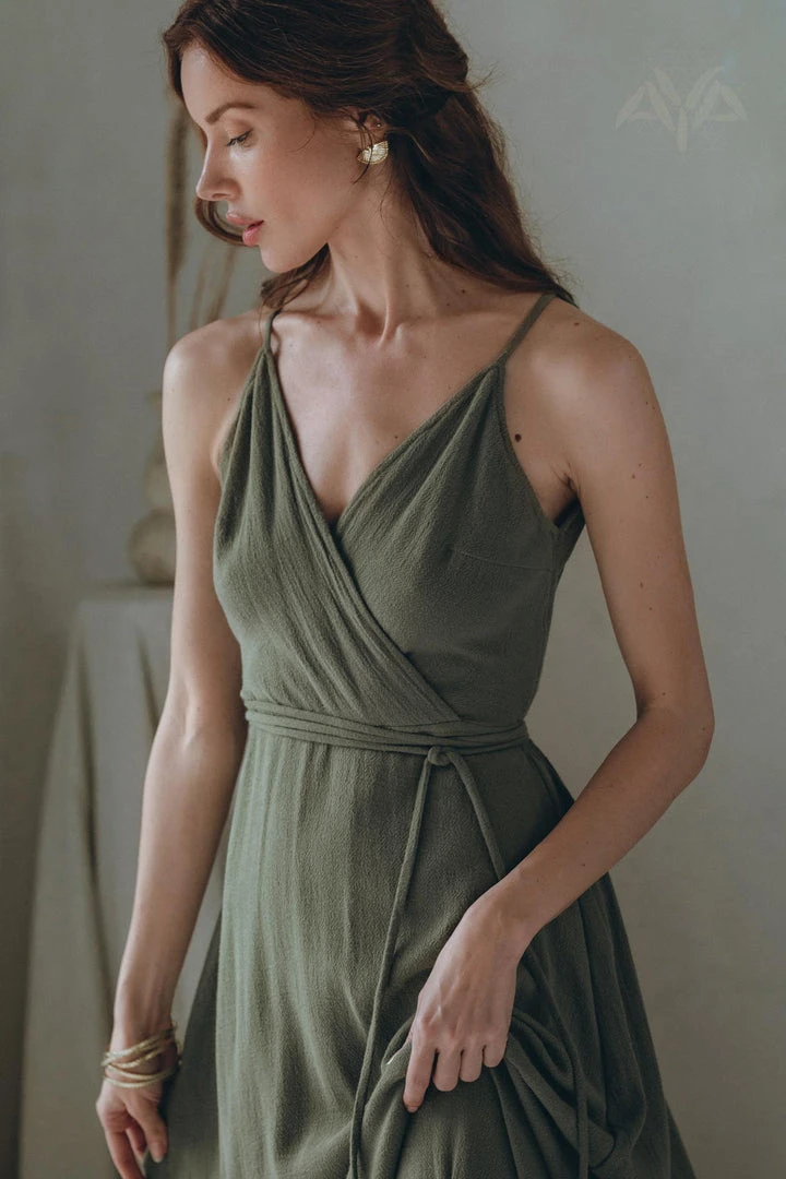Eddie New Collection Linen Boho Long Maxi Dress • Open Back Elegant Dress • Green Bridesmaid Dress