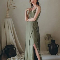 Eddie New Collection Linen Boho Long Maxi Dress • Open Back Elegant Dress • Green Bridesmaid Dress