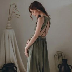 Eddie New Collection Linen Boho Long Maxi Dress • Open Back Elegant Dress • Green Bridesmaid Dress