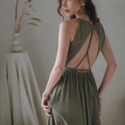 Eddie New Collection Linen Boho Long Maxi Dress • Open Back Elegant Dress • Green Bridesmaid Dress