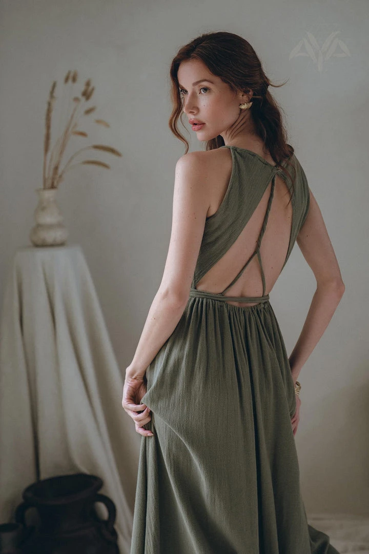 Eddie New Collection Linen Boho Long Maxi Dress • Open Back Elegant Dress • Green Bridesmaid Dress