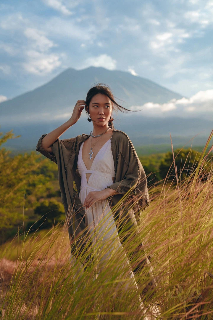 Jimmy Olive Green Poncho Robe For Women • Boho Kimono Overcoat • Prom Cover Up