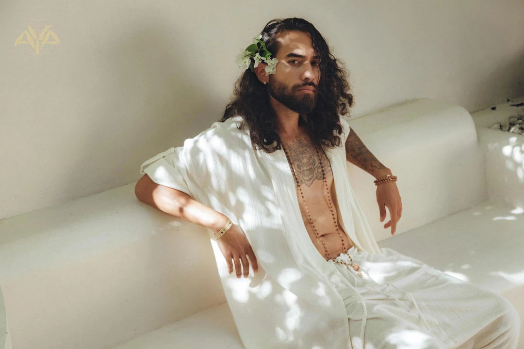 AYA Sacred Wear On Sale Off-White Tribal Kimono Robe For Men 5 AYA Sacred Wear On Sale Off-White Tribal Kimono Robe For Men