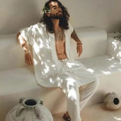 AYA Sacred Wear On Sale Off-White Tribal Kimono Robe For Men 14 AYA Sacred Wear On Sale Off-White Tribal Kimono Robe For Men