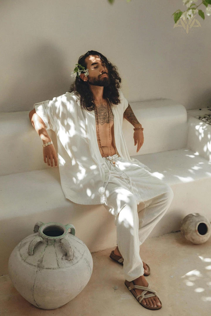 AYA Sacred Wear On Sale Off-White Tribal Kimono Robe For Men 6 AYA Sacred Wear On Sale Off-White Tribal Kimono Robe For Men